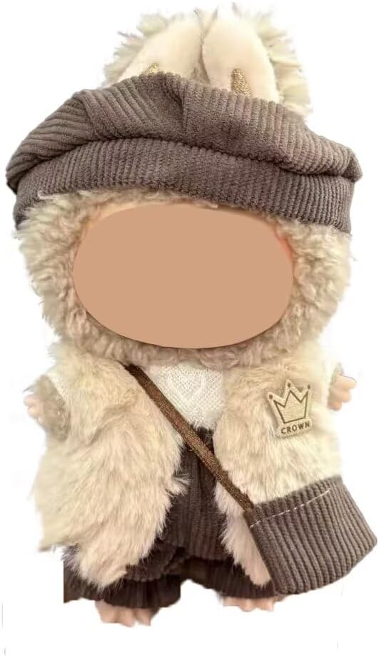 Clothes for Iabubu(NO Doll),Cute Handcrafted Crochet Set for Iabubu Clothes,Fashion Dressy Doll Outfit Accessories,Stylish Doll Accessories for 17cm Doll(Brown Hat+Beige Coat+Brown Trousers+Bag)