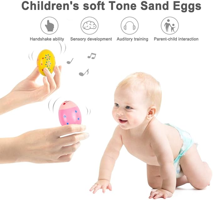 Wooden Easter Eggs Shakers Toys, Maracas Kids Hand Percussion Shakers Percussion Musical for Party Favors Kids Easter Basket Stuffers, 4 Pack Easter Eggs with 2 Shaker Sand Hammer Kit