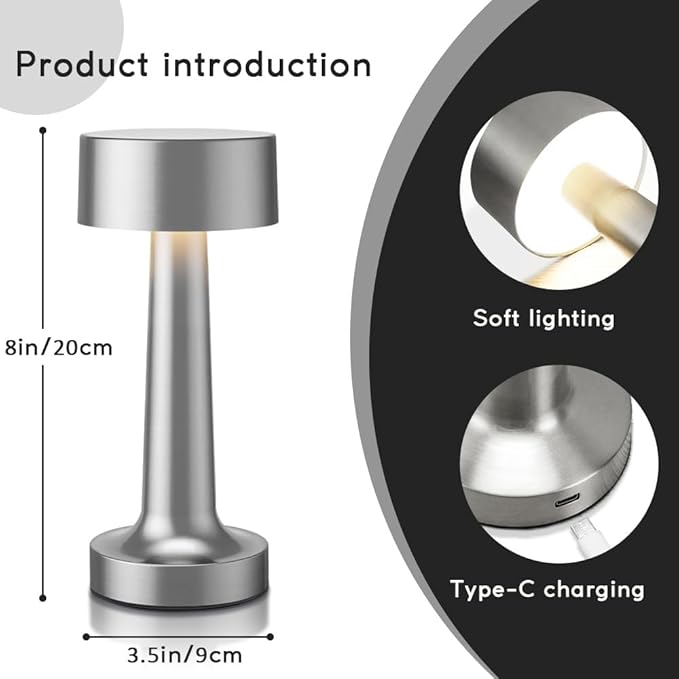 Portable LED Table Lamp, 3-Levels Brightness Metal Desk Lamp,3 Color Touch Control Rechargeable lamp, Ideal Bedside Lamp for Nightstand,Bedroom, Living Room (Silver)