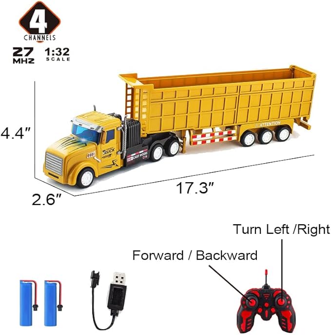 Remote Control Dump Toy for Kids - 17.3" RC Semi Truck with 2 Batteries, 1:32 Construction Vehicles with Lights & Building Blocks Excavator Toy, Engineering Tractor Toy for 3 4 5 Years Boys Girls