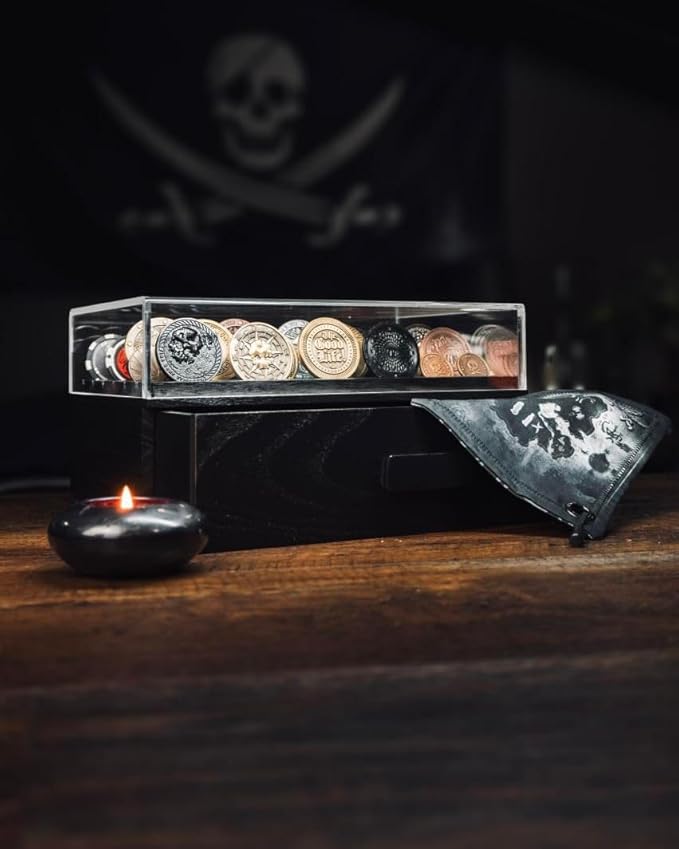 Large Black Wooden Challenge Coin Display Case with Clear Cover - Military Coin Display Case Holds 36 Coins on Top & 36 in The Storage Drawer - Versatile Coin Stand Holder & Poker Chip Display Case
