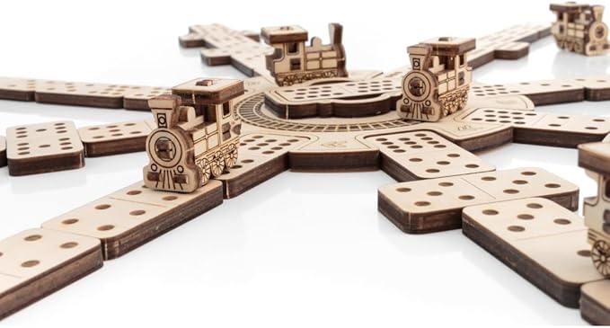 EWA Eco-Wood-Art Mexican Train Domino Game Set - Deluxe Wooden Version with 91 Dominoes, Holders, Locomotives, Station Hub, and Storage Box | Family Board Game