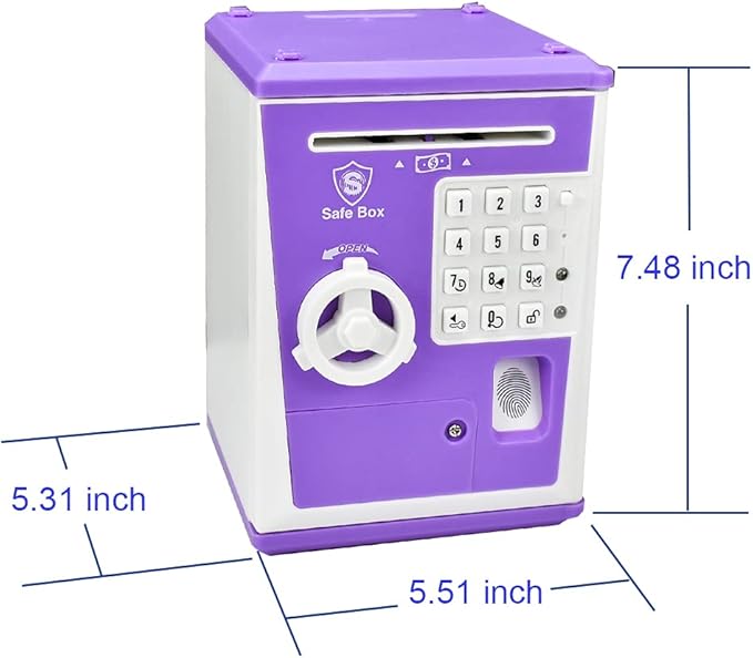 Toy Safe Box, Electronic ATM Piggy Bank, Money Coin Savings Bank, Finger Print Scanner Lock, Great Gift for Children Kids (Purple)