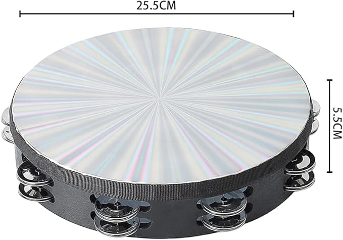 Musfunny Radiant Tambourine 10 inch for Adults 2-Row Jingles Bell Reflective Tambourines Hand Held Drum Musical Instrument for Kids Education KTV Party Church - 10 inch