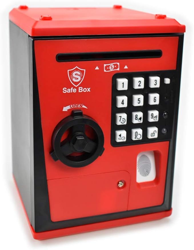Toy Safe Box, Electronic ATM Piggy Bank, Money Coin Savings Bank, Finger Print Scanner Lock, Great Gift for Children Kids (Red/Black)