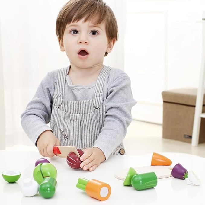 Velcro Fruit and Veggies for Kids Play Kitchen Cooking Toys Wooden Pretend Play Fruit Early Educational Learning for 3 Year Old Kids Toddler Boys Girls