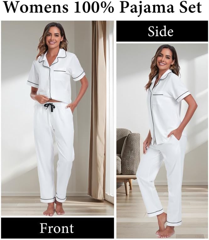 CF Womens 100% Cotton Pajamas Set Button Down Pjs Sets Short Sleeve Top & Long Pants Sleepwear Comfy Loungewear with Pockets
