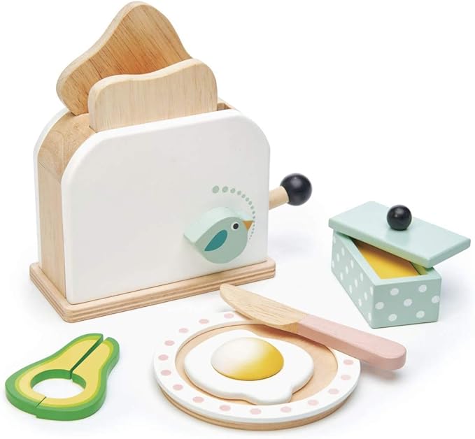 Tender Leaf Toys - Mini Chef Breakfast Toaster Set - 10 Pcs Classic Wooden Pop Up Toaster Toy for Pretend Cooking - Develops Social, Creative & Imaginative Skills Learning Role Play - Age 3+