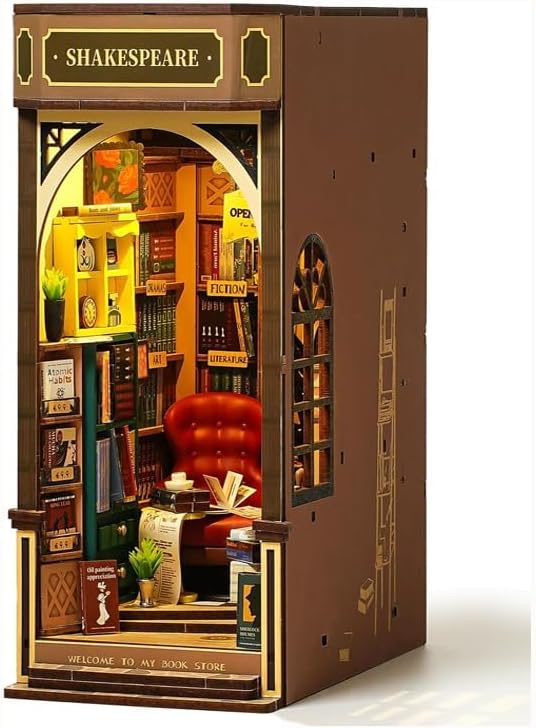 ROBOTIME DIY Book Nook Kit 3D Wooden Puzzles Dollhouse Booknook Library Tiny House Bookshelf Decor Miniature House Kit for Adults, Teens and Beginners Gifts for Family, Friends