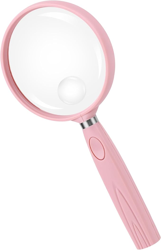 Feosky Handheld Reading Magnifier, 10X 30X Magnifier, 75mm Shatterproof Lens, Non-Slip Handle for Adults Close Work, Seniors Reading and Kids Nature Exploration, Hobby Observation(Pink)