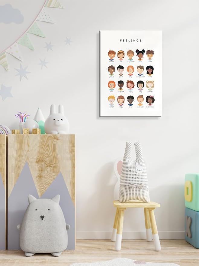 uoyien Feelings Chart And Emotions Poster For kids Mental Health Awareness Canvas Wall Art Special Emotions Faces Calm Corner Prints Classroom Social Worker Office Decor 16x22in Wood Framed