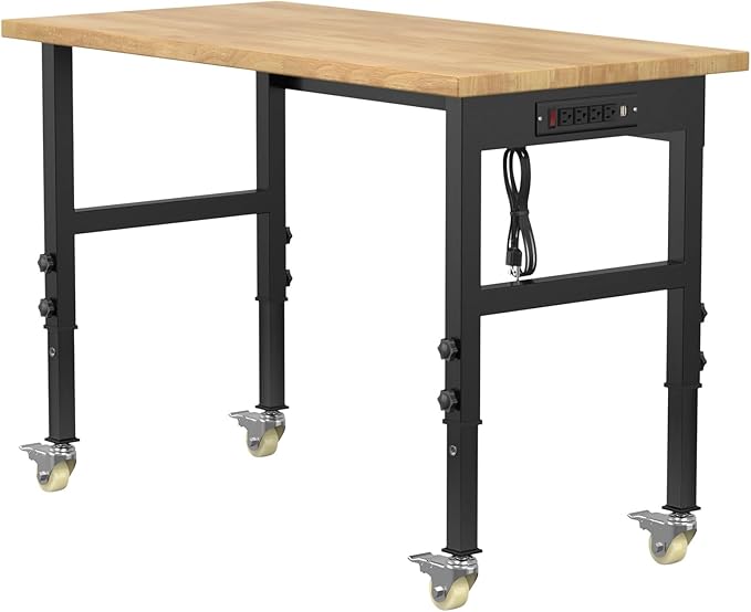 48" Adjustable Workbench,Heavy-Duty Work Table,3000 LBS Load Capacity Hardwood Workstation Outlets with Power Strips and Wheels,for Workshop, Garage
