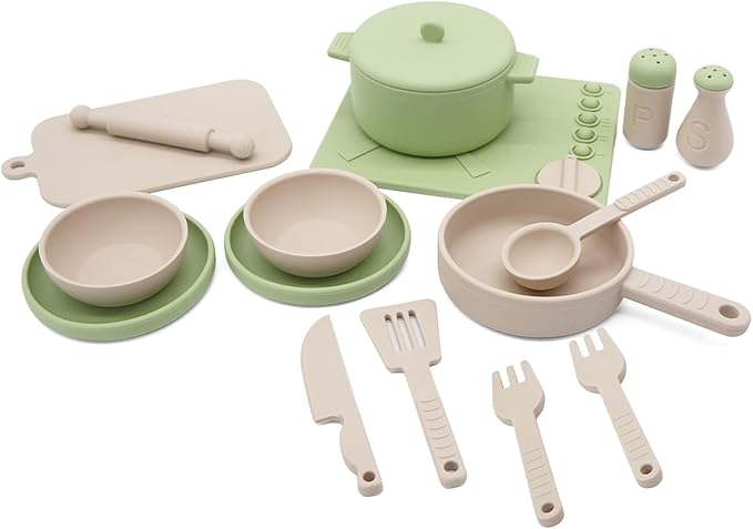 Play Kitchen Accessories, Silicone Pretend Play Kitchen Toys Set, Play Kitchen Pots and Pans Set for Kids, Learning Education Cooking Toys for Girls and Boys(Green)