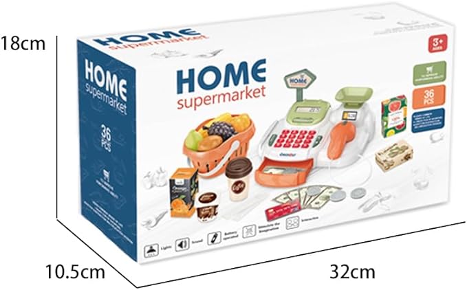 Pretend Play Cash Register Toy with Functional Caculator Cashier Scanner Toy Supermarket with Simulate Food Fruit etc Kids Grocery Store Play Money Food Shop Toy Educational Playset for Kids