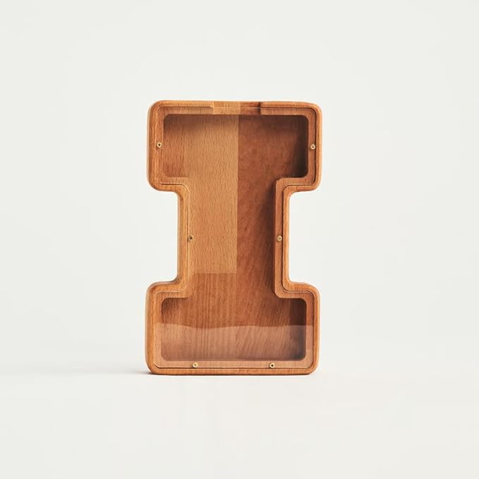 Personalized Wooden Piggy Bank – Custom Letter I Coin Bank in Beech Wood with Clear Acrylic Front, Engraved Name Option, Money Saving Box for Kids and Adults