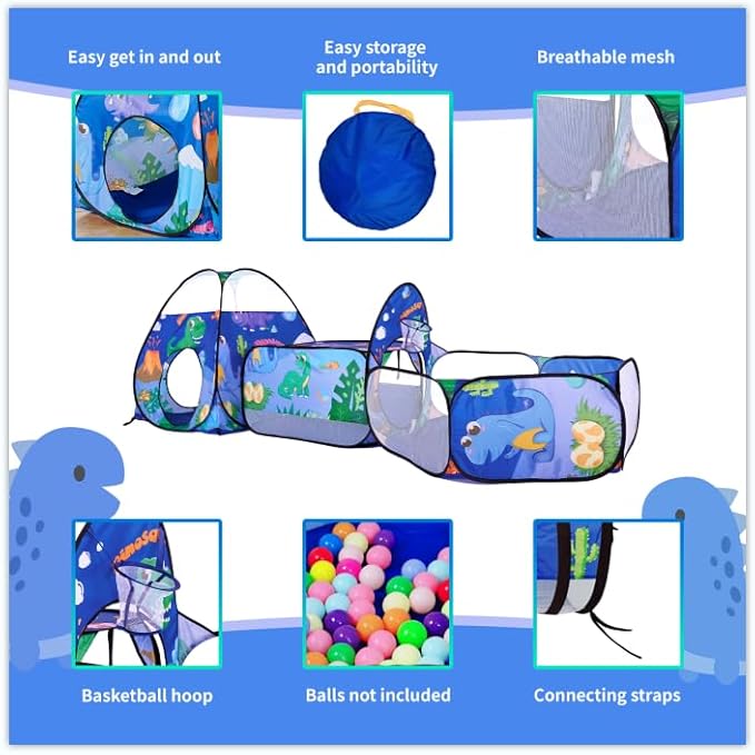 TTLOJ 3PC Dinosaur Kids Play Tent with Ball Pit, Crawl Tunnel, Toddlers Playhouse Castle Toys, Baby Boys Girls Gift for 3 4 5 6 7 Years Old, Outdoor Indoor, Lightweight (Balls Not Included)