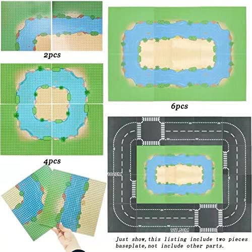Baseplates Grassland Field and River Pattern 10"x10" Brick Building Block Classic Base Plate Toy for City Roads,Farm,Garden Etc Tight fit Major Brands(1x Straight and 1x Curve)