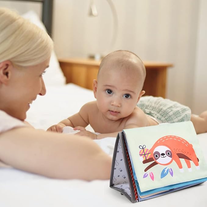 Tummy Time Mirror Baby Toys, High Contrast Crinkle Cloth Book with Teether for 0 3 6 Months Babies Boys Girls, Montessori Newborn Sensory Toys Activity Book for Shower Gifts