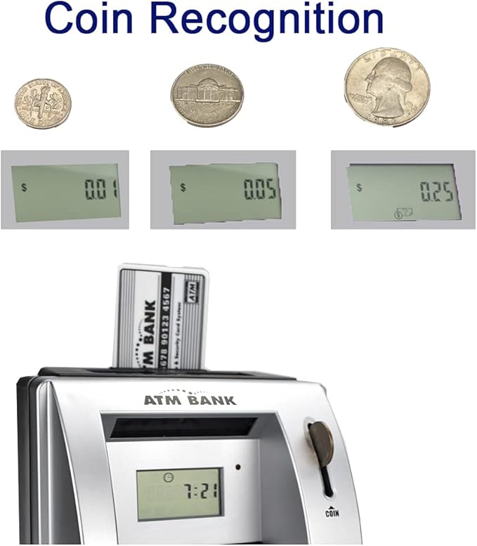 ATM Piggy Bank for Kids, Electronic Money Bank with Coin Counter, Goal Tracker, Password & Card, Auto Bill Intake with Voice Prompts – Compact Savings Gift for Boys & Girls Ages 6–12 (Black)