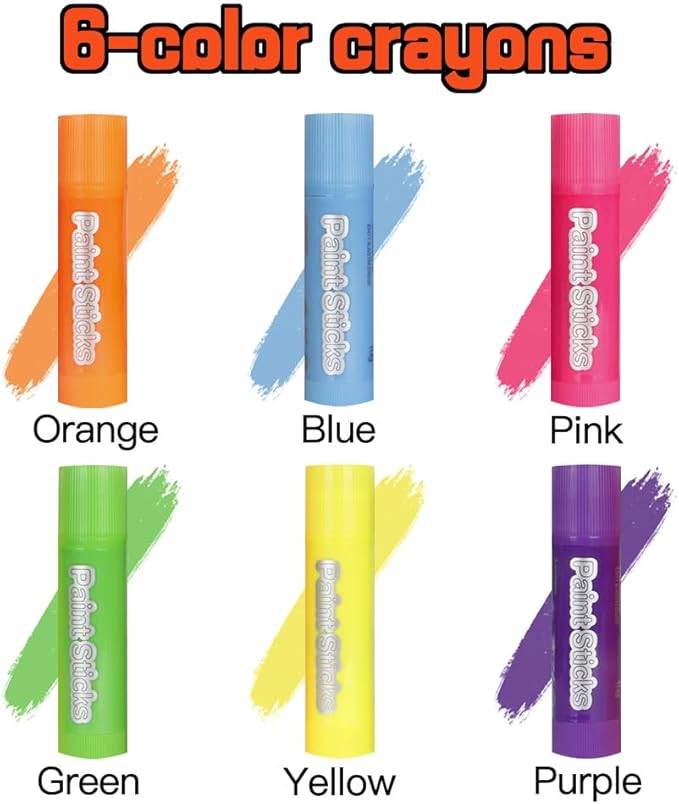 6 Neon Colors Tempera Paint Sticks, Mess Free, Quick Drying, Washable Paint for Kids, Non Toxic for Toddlers