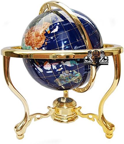 Unique Art Since 1996 14" Tall Blue Lapis Ocean Gemstone Globe with Tripod Gold Stand