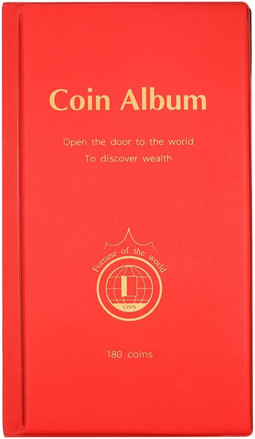 AITIME 180 Pockets Collection Supplies - Coin Holders Book Album for Collectors, Storage Suitable for Coin Diameter Less Than 1.66 Inches (Red)