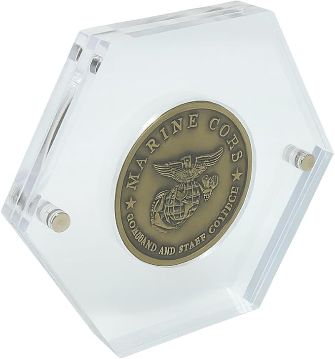 Premium Military Challenge Coin Display Capsule, Hexagonal Acrylic Case with Magnetic Closure, Clear