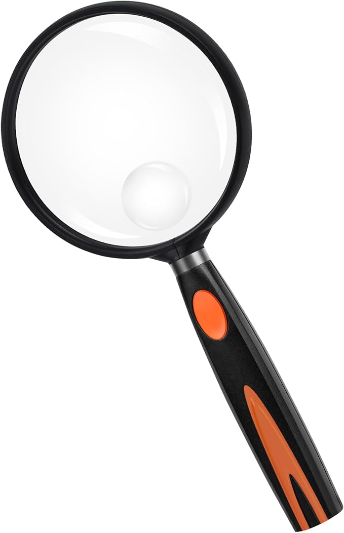 Feosky Handheld Reading Magnifier, 10X 30X Magnifier, 75mm Shatterproof Lens, Non-Slip Handle for Adults Close Work, Seniors Reading and Kids Nature Exploration, Hobby Observation(Orange/Black)