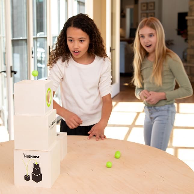 Fat Brain Toys Box and Balls, Wooden Activity Cubes and Bouncy Balls for Kids, Fun New Trickshot Games for Ages 6 to 11