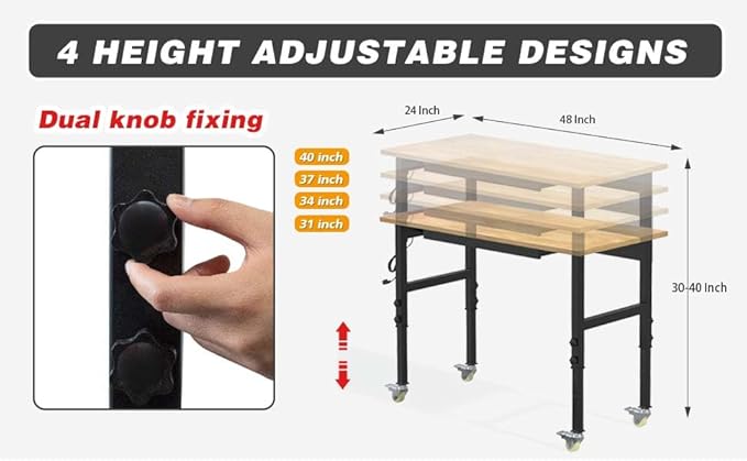 48"x24" Solid Wood & Heavy-Duty Work Bench Workbench, Adjustable Height Work Table with Wheels, Power Outlets and Drawer, 2000 LBS Capacity Workstation Work Benches for Garage, Workshop