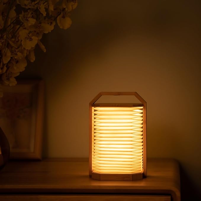Portable Bamboo Lamp - Foldable Japanese Lantern with USB Charging, Waterproof Tear-Resistant Fiber Paper Shade, Accordion Travel Light for Home Decor Camping Gift