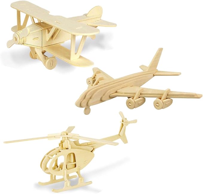 Georgie Porgy 3D Wooden Puzzles for Kids Toys Construction Woodcraft Kits DIY Model Puzzle Kits Birthday Gifts Pack of 3 (Biplane Helicopter Civil Airplane)