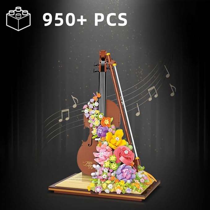 Mini Violin Building Blocks Sets Flower - 950+PCS Musical Instrument Micro Building Bricks Kit Floral - Creative Ideals, Collectible Architecture Decoration, Birthday Gift(Violin Flower)