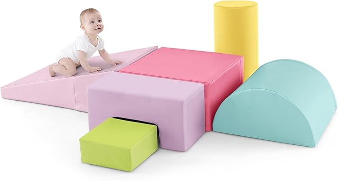 Costzon Toddler Climbing, 6 Pieces Climb and Crawl Playset with PU Cover for Baby Crawling, Climbing & Walking, Indoor Foam Climbing Blocks for Toddlers 1-3, Light Pink