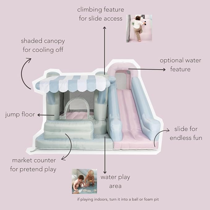 PLAYSMOL Market Splash Water Slide Bounce House, Inflatable Water Slide with Climbing Wall & Sprinkler, Features Market Counter for Pretend Play, Ages 3-8