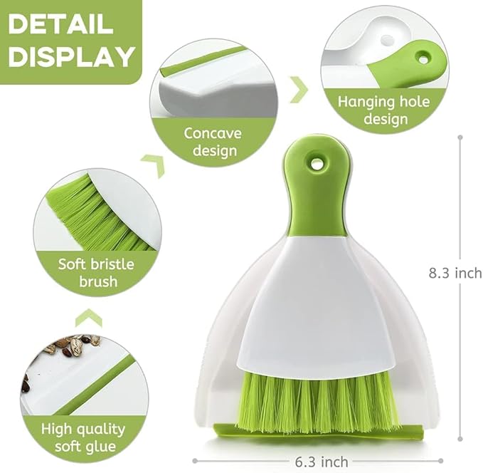 Dust pan Broom Brush Dustpan - Small Broom and Dustpan Set, Mini Broom and Dustpan, Small Dustpan and Brush Set for Home Cleaning, Sofa, Desk, Guinea Pig Cage, Cat Litter etc.（Green 3 Set）