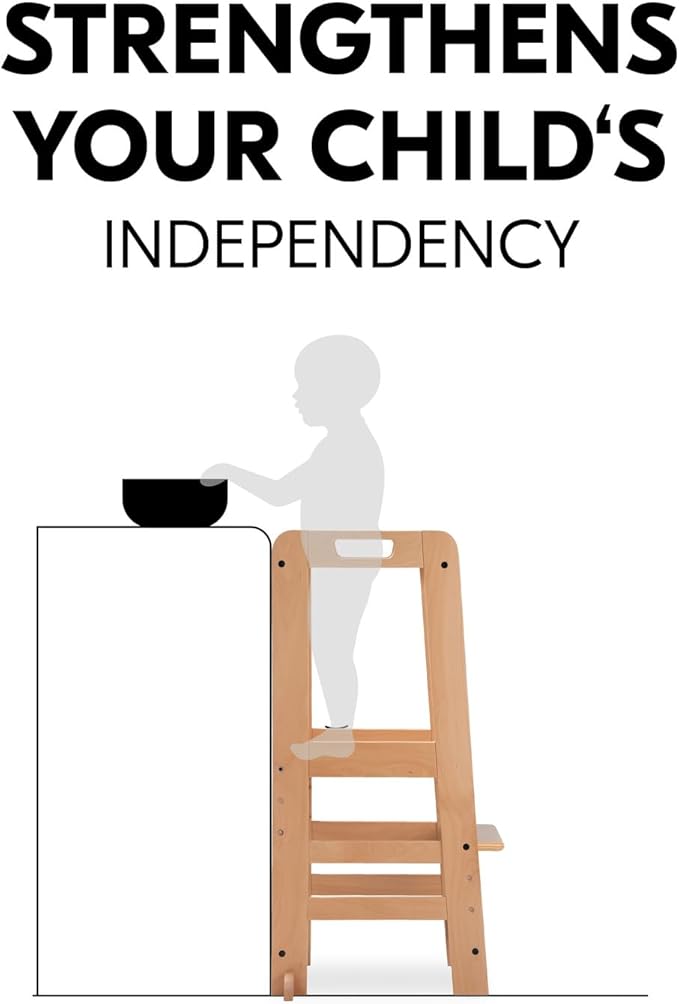 Hauck Learn N Explore Montessori Toddler Tower, Adjustable Wooden Kitchen & Bathroom Step Stool Helper for Home Use with Kids Ages 1+, Natural