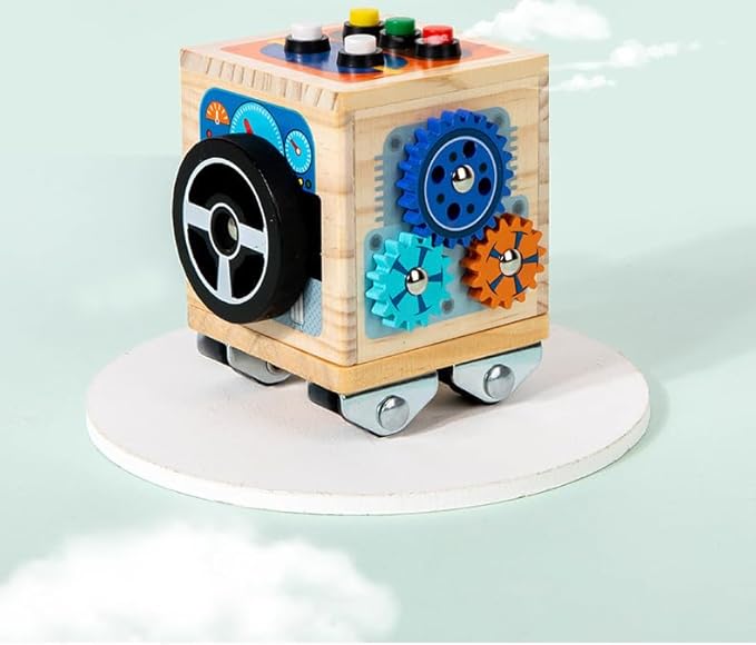 Wooden Activity Cube for Baby,Bus Busy Cube Montessori Travel Toys for Toddler 1 Year Old