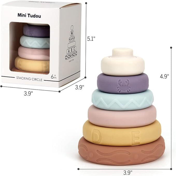 Tudou 6 PCS Baby Girl Stacking & Nesting Toys, Soft Stacking Blocks Ring Stacker, Baby Sensory Teethers with Letter, Animal and Shape, Early Learning Toys for Babies & Toddlers 6 Months