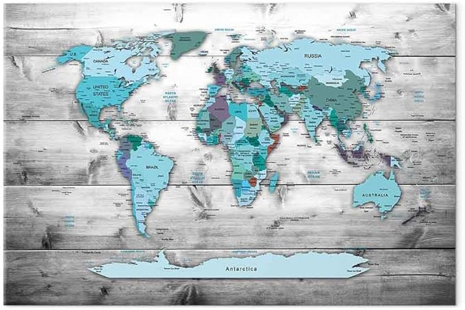 artgeist Acoustic Canvas Wall Art Print World Map 35x24 in - 1pcs Picture with Acoustic Foam Sound Print Artwork Room Acoustics Soundproofing World Travel Map Wood k-B-0009-b-d