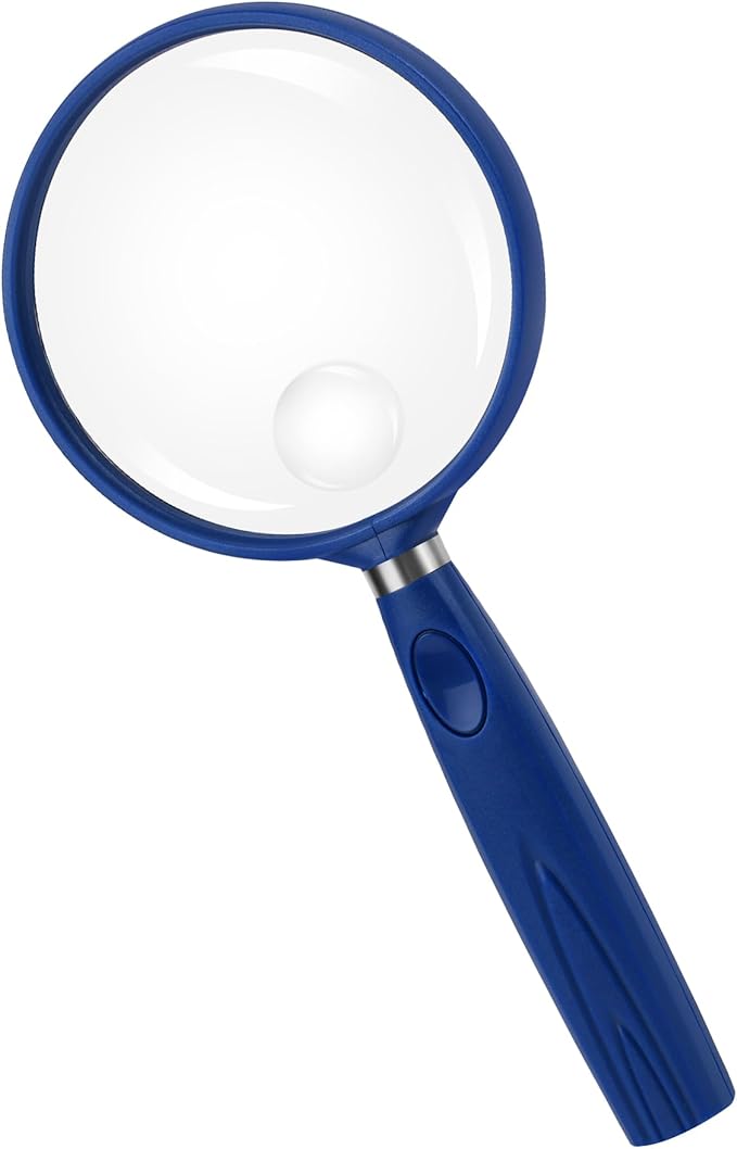 Feosky Handheld Reading Magnifier, 10X 30X Magnifier, 75mm Shatterproof Lens, Non-Slip Handle for Adults Close Work, Seniors Reading and Kids Nature Exploration, Hobby Observation (Blue)