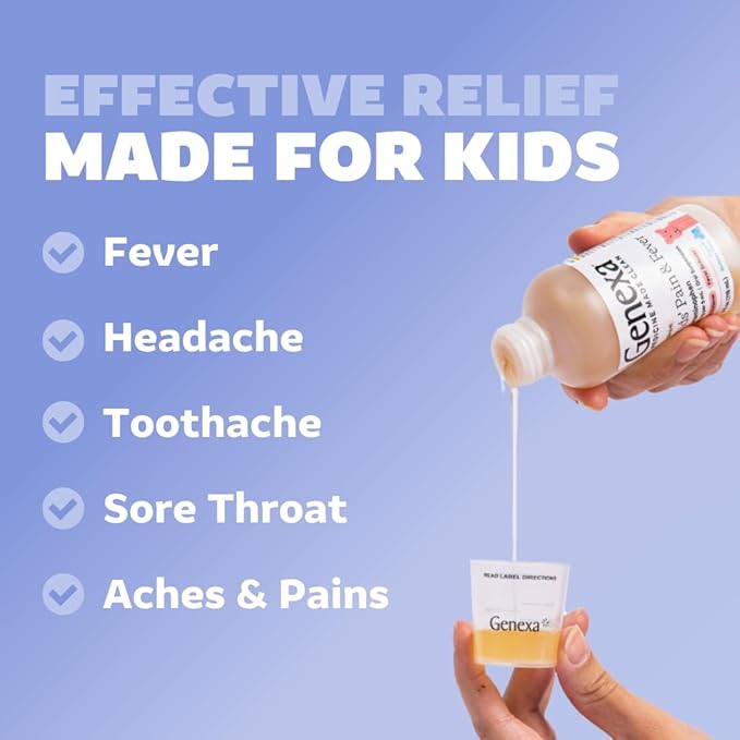 Genexa Children's Clean Acetaminophen | Pediatrician Preferred Ingredients | Pain & Fever Reducer for Kids | Dye Free, 0% Artificial Additives | Ages 2-11, Delicious Organic Blueberry Liquid, 4 fl oz