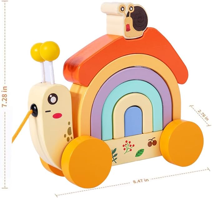 Wooden Push and Pull Snail Toy with Removable Colorful Stacker, Wood Snail Rainbow Stacker with Wheel - Ideal for Grasping Practice and Developing Hand - Eye Coordination Motor Skills