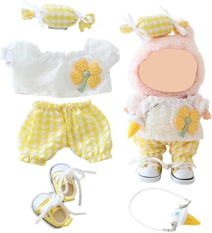 Clothes for Labubu Doll,Clothes for Dolls Accessories,Four-Leaf Clover Candy Summer Replacement Outfit Set 5 Pieces Suitable for Labubu 15&17cm,Adorable Dress-Up Accessories for Doll (Yellow)