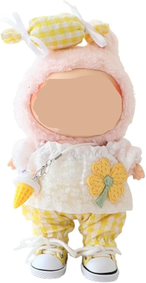 Clothes for Labubu Doll,Clothes for Dolls Accessories,Four-Leaf Clover Candy Summer Replacement Outfit Set 5 Pieces Suitable for Labubu 15&17cm,Adorable Dress-Up Accessories for Doll (Yellow)