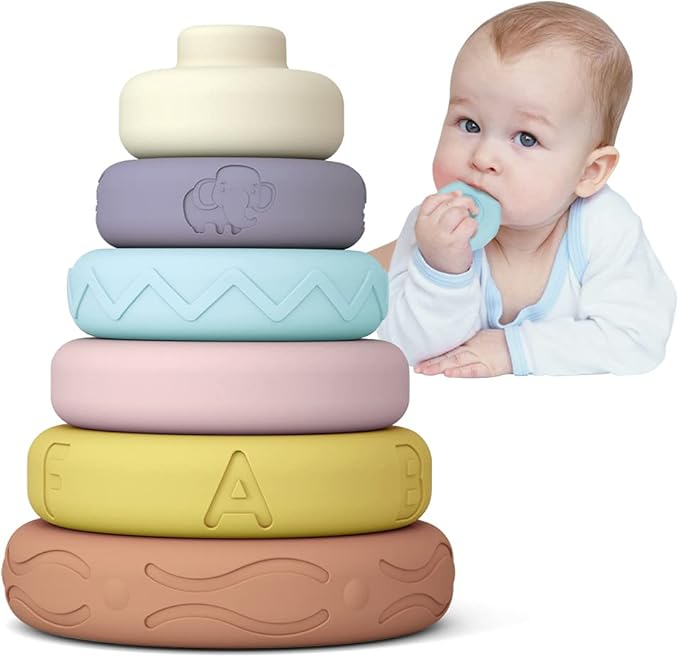 Tudou 6 PCS Baby Girl Stacking & Nesting Toys, Soft Stacking Blocks Ring Stacker, Baby Sensory Teethers with Letter, Animal and Shape, Early Learning Toys for Babies & Toddlers 6 Months