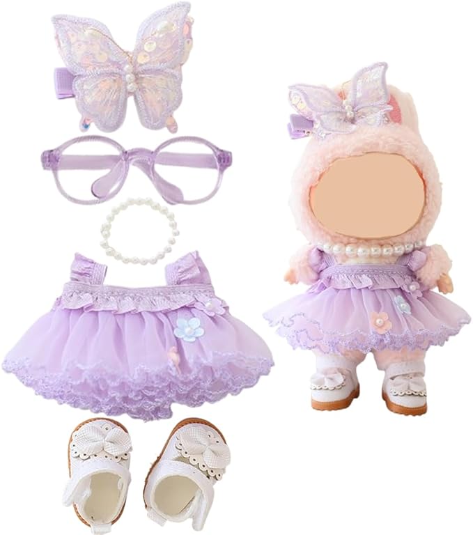 Clothes for Labubu Doll,Clothes for Dolls Accessories,Butterfly Tulle Skirt Purple 5 Pieces Outfit Set Suitable for Labubu 15cm 17cm Doll,Adorable Dress-Up Accessories for Labubu Doll