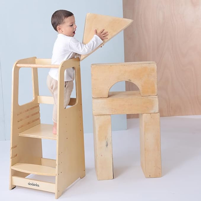 dadada Baby Montessori Toddler Tower - Adjustable Kitchen Step Stool for Kids with Safety Rail - Baby-Safe Finish, Encourages Cooking Skills and Independence - Natural