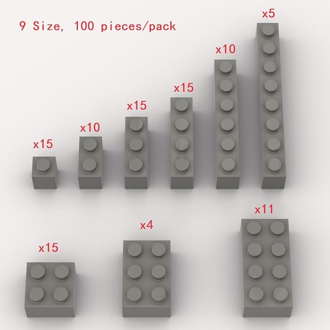 100 Piece Dark Gray Bricks Bulk Assortment Pack, 9 Size Dark Grey Classic Building Blocks Bricks, Compatible with Lego Parts and Pieces(Color: Dark Gray)