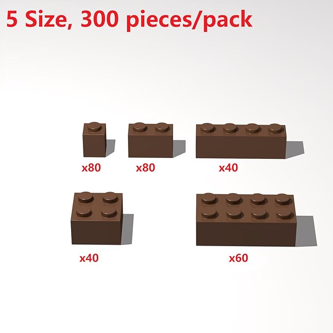 300Pcs Building Brick Bulk, Brown Bulk Bricks with 5 Sizes, Compatible with Lego and Parts and Pieces, Creative Halloween Christmas Building Block Toys for Boys Girls Ages 6 7 8 9 10 Years Old